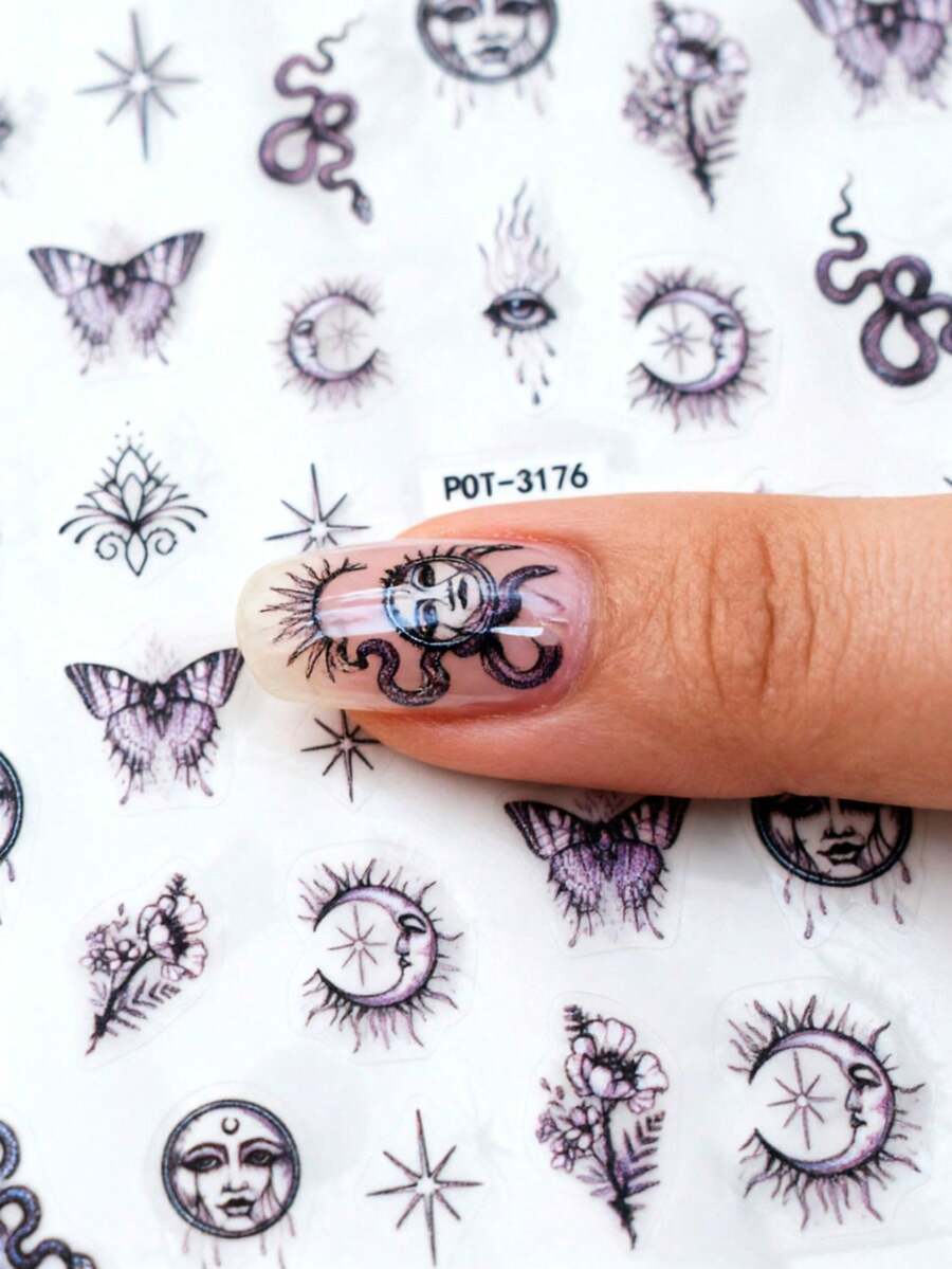 1 miếng dán móng tay dập nổi phong cách Gothic, hình bướm đen, rắn, trăng huyền bí, hoa, trang trí móng tay cá nhân hóa, phù hợp cho các bữa tiệc theo chủ đề, không mùi. - Nhiều màu - Xem 1