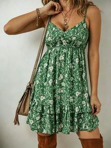 Bohemian Floral Print Ruffle Hem Beach Vacation Dress Elegant Summer - Green - View 3