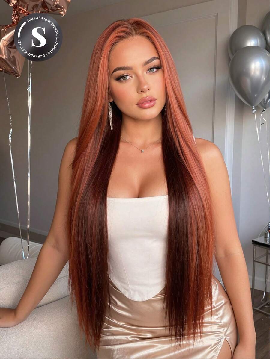 30 Inch Ombre Ginger Red 13x4 Lace Front Wig For Women Long Straight Synthetic Hair Wig Pre Plucked Natural Hairline Heat Resistant Glueless Hair Wig For Daily Party Cosplay Natural Looking Lightweight Breathable Realistic Hairline Easy Install - 挑染紅色 - 查看 1