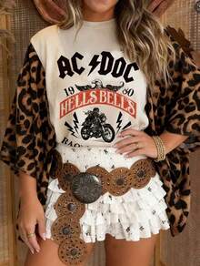 Vintage Rock Band Print Batwing Sleeve T-Shirt, Leopard Patchwork Loose Casual Tee, Western Retro Streetwear Blouse For Women - 豹紋 - 查看 2