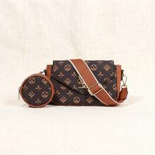 Women's 2-In-1 Crossbody Bag Set: Letter Print Shoulder Bag With Round Pouch, Stylish Everyday Bag; Retro Women's Crossbody Bag, Compact Casual Everyday Backpack With Detachable Pouch And Adjustable Shoulder Strap, A Shopping Essential; Women's Black Shoulder Bag With Gold Buckle, Mini Bag And Round Coin Purse Set, Lightweight Crossbody Bag, A Must-Have For Girls' Daily Life. - BROWN - 查看 2