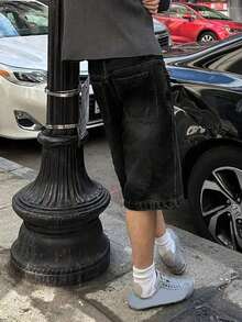Men's Loose Wide Leg Casual Denim Bermuda Shorts Jorts, Emo Style - Black - View 3
