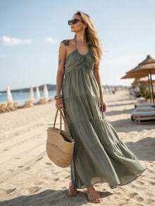 Vestido largo verde casual de mujer con cuello halter, vestido fluido sin mangas con volantes para uso diario y salidas elegantes de verano - Verde - Ver 1