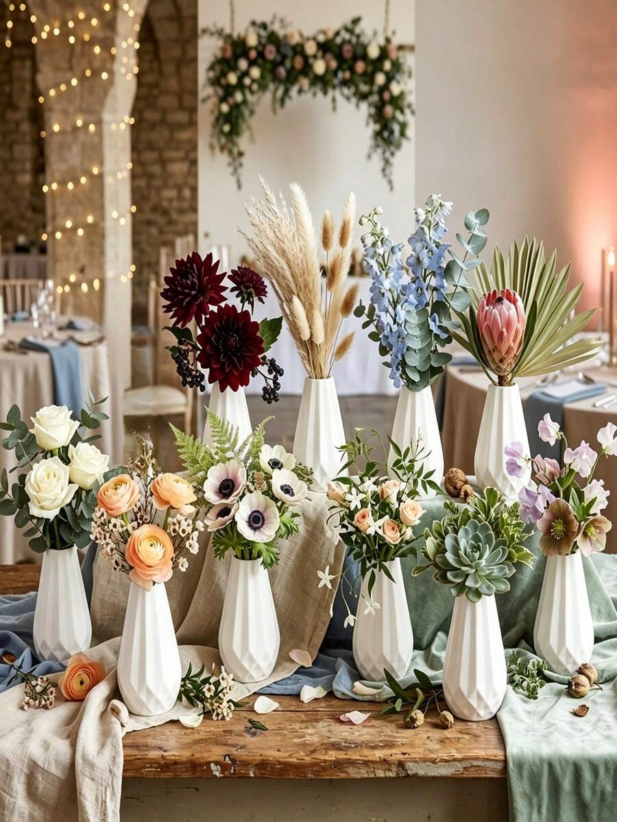 2 piezas Jarrón estilo nórdico blanco | Decoración minimalista moderna para el hogar | Perfecto para boda, centro de mesa de fiesta y exhibición en la sala de estar | Jarrón de plástico irrompible de 15 cm de altura - jarrón de flores - Ver 1