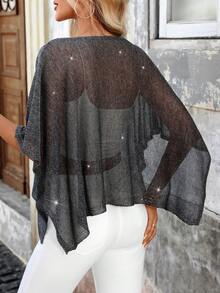 Plus Size Casual Shiny Yarn Asymmetrical Loose Knit Shawl For Women Black - Black - View 2