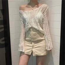 Top de ganchillo transparente de manga larga para mujer, blusa de punto calada con bordado de corazón, jerséis bohemios, traje de playa para vacaciones de verano - Albaricoque - Ver 2
