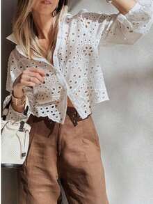 Camisa de mujer de un solo pecho bordada, para uso casual y diario, ideal para vacaciones de verano - Blanco - Ver 3