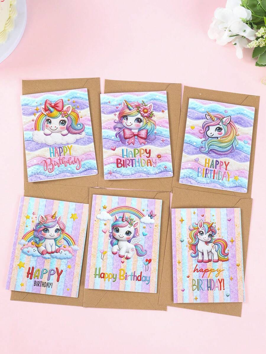 Bộ 12 thiệp/6 bộ thiệp chúc mừng sinh nhật hình kỳ lân kèm phong bì, 6 kiểu dáng khác nhau, thiệp chúc mừng sinh nhật, thiệp giấy hình kỳ lân cầu vồng dành cho gia đình, bạn bè, người thân yêu, thiệp chúc mừng sinh nhật, thiệp cảm ơn, thiệp chúc mừng, thiệp chia buồn, đồ dùng văn phòng, phụ kiện ngày lễ và thẻ quà tặng, thiệp sinh nhật, đồ trang trí tiệc sinh nhật, quà sinh nhật, quà tặng tiệc.