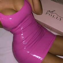 Vestidos para mujer 2025, verano, fiesta en club nocturno, Sexy, chica caliente, sin mangas, cremallera, PU, alta elasticidad, cuello redondo, envoltura de cadera, Mini vestido Y2K - C - Ver 2