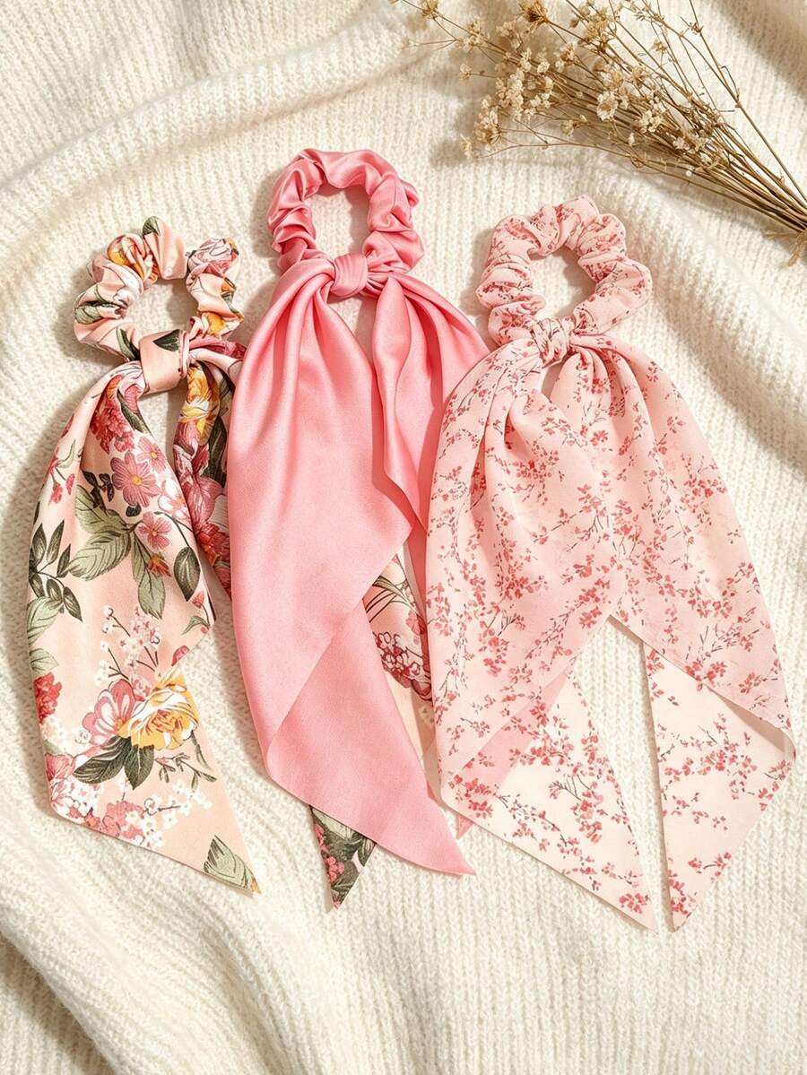 3pcs Foulard triangulaire léger à motifs floraux & couleur unie Accessoires pour cheveux, Style bohème rétro décontracté de palais Fête Mode de rue mignonne, Fabriqué en polyester, Convient pour toutes les saisons Élastiques pour cheveux Chouchou