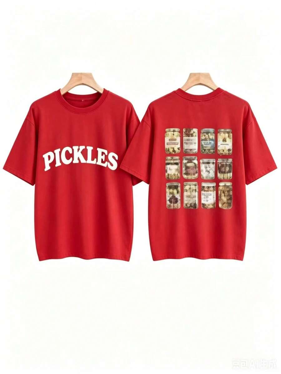 [Olive Green Sweatshirt] Soft Olive Green Crewneck Sweatshirt |     PICKLES Letter Print & Pickle Jar Graphic - Mid-Stretch Fabric, Machine Washable - 紅色2 - View 1