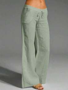 Pantalones casuales de mujer  con textura de lino blanco tipo francés, de flujo suave con bolsillos, para primavera/verano - verde menta - Ver 12