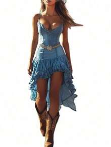 Women's Vintage Ruffled Denim Dress, Deep V Neck Spaghetti Strap Western Style - Màu xanh lam - Xem 6