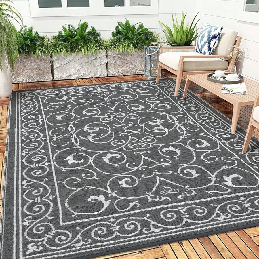 Modern Convolvulus Outdoor Area Rug UV Resistant Waterproof Breathable Easy To Maintain Lightweight Pet Friendly Camping Carpet For RV Trip Balcony Picnic Backyard Garden Picnic Beach - Gray - View 1