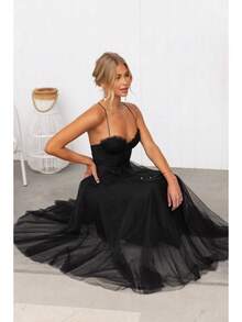 KZKZWK Cami Tulle Midi Dress With Corset Bodice, Sweetheart Neckline, Tie Waist Detail, Flared A-Line Skirt, Bridesmaid & Formal Party Wear - 黑色 - 查看 3