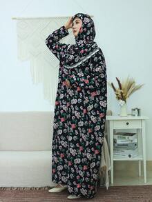 女款時尚花卉圖案長款晨袍,長袖圓領梭織面料,中長版型,展現端莊優雅,度假風 - 彩色 - 查看 4