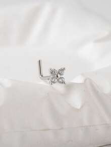 1 chiếc khuyên mũi hình cỏ bốn lá đính đá Cubic Zirconia, khuyên mũi bạc không gây dị ứng, trang sức xỏ khuyên hình hoa may mắn. - Bạc - Xem 2