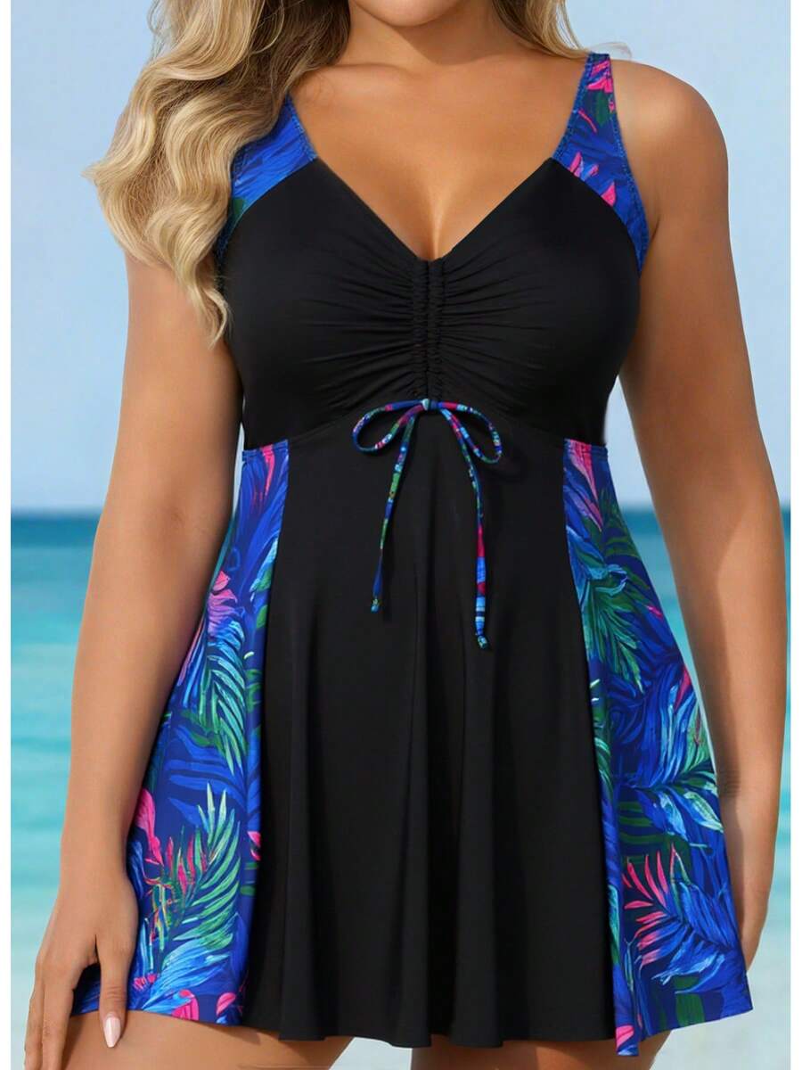 New Fashion Plus-Size Two-Piece Swimsuit For Women With Conservative Boyshorts Bikini - Blue Leaves - View 1