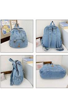 Mochila mini de mezclilla lavada vintage Y2K con bolsillos con cordón, adecuada para el estilo callejero estudiantil - Multicolor - Ver 4
