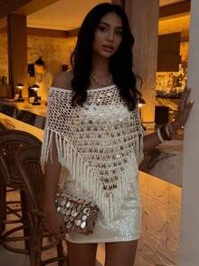 Sultry Sol 2026新款加大码女士度假装，这款卡其色亮面钩针披肩非常适合海滩度假、约会、休闲外出、音乐节和各种活动。优雅性感的白色亮面披肩上衣是夏季海滩旅行和约会的理想之选。 - 白色 - 查看 7