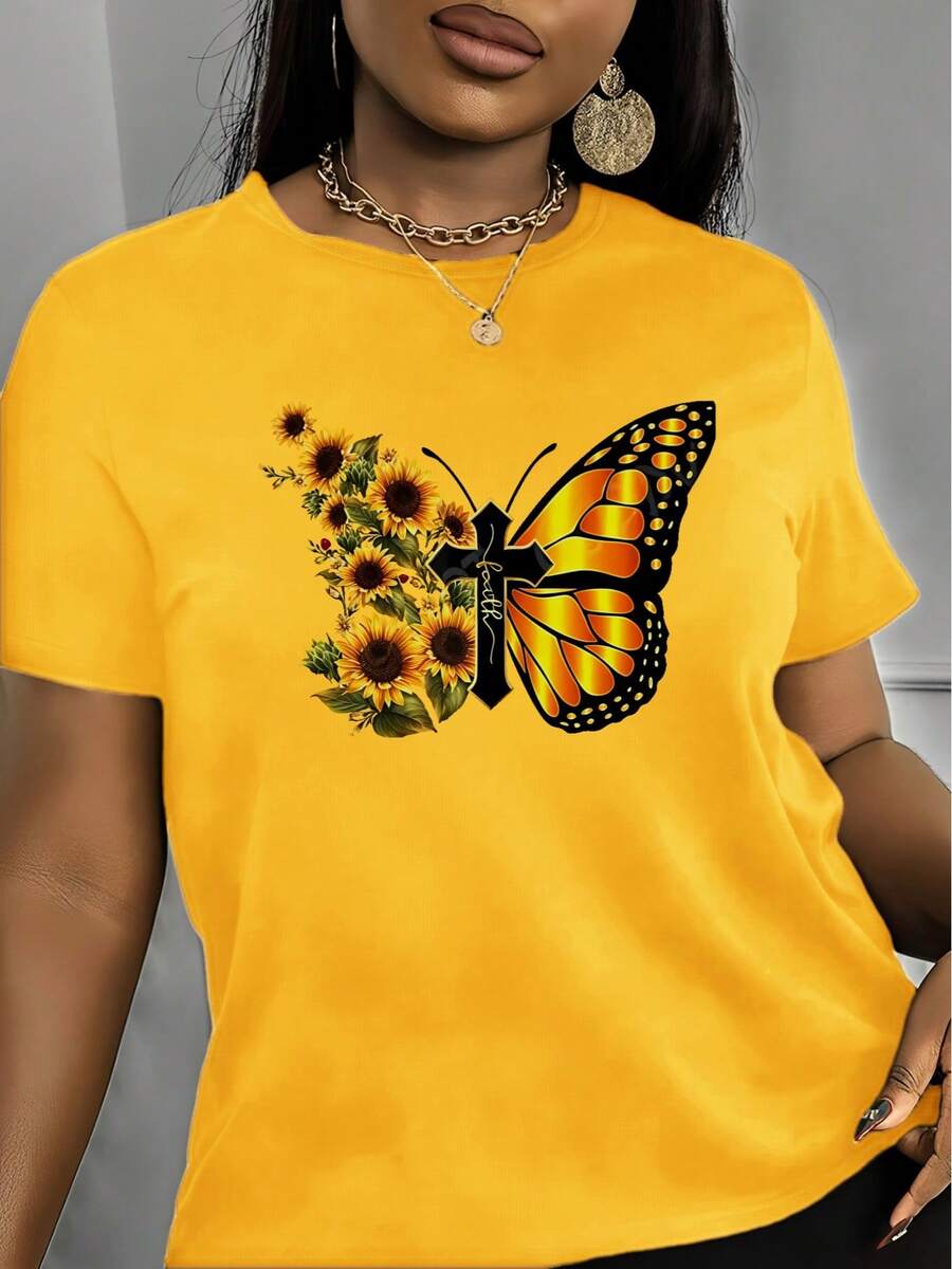 Premium 2026 Sweatshirt. Stylish Women's Polyester T-Shirt, Spring/Summer, With A Vibrant Butterfly And Sunflower Design - Crew Neck, Casual Style, Everyday Wear. Vibrant Print T-Shirt. Durable Fabric. - 黃色 - 查看 1
