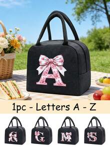 Elegant Pink Bow Pattern Insulated Lunch Bag, Large Capacity Student Lunch Storage Bag, Portable Travel Picnic Bag; Multi-Functional Tote Bag. Black Cutlery Storage Bag. Spring/Summer Essential. Suitable For Office, Outdoor, Vacation, Travel, School. Birthday Gift, Wedding Accessory, Back To School Gift, Mother's Day Gift, Bridesmaid Gift, Easter Gift. Suitable For Family, Friends And Couples - A - View 4