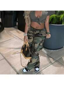 Women's High-Waisted Camo Cargo Pants, Straight-Leg, Slimming & Versatile, Stylish Daily Casual Essential, Great Valentine's Day Gift - 綠色 - 查看 3