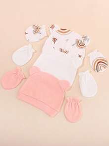 Bộ 3 món cho bé sơ sinh: Mũ hai lớp + găng tay chống trầy xước, thoáng khí & mềm mại. - Nhiều màu - Xem 4