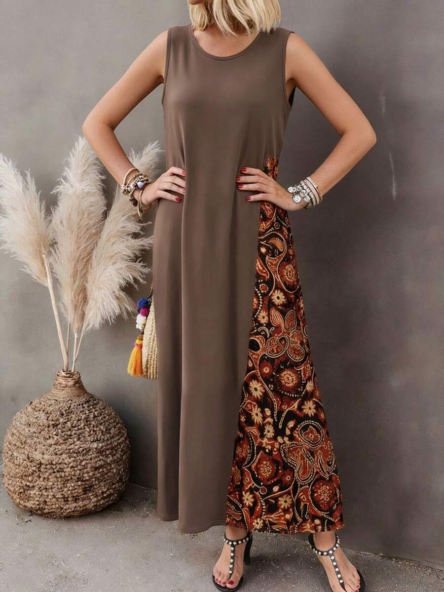 Đầm không tay cổ tròn phối họa tiết hoa dành cho nữ cỡ lớn, kiểu dáng thanh lịch, thích hợp cho kỳ nghỉ. - màu nâu - Xem 1