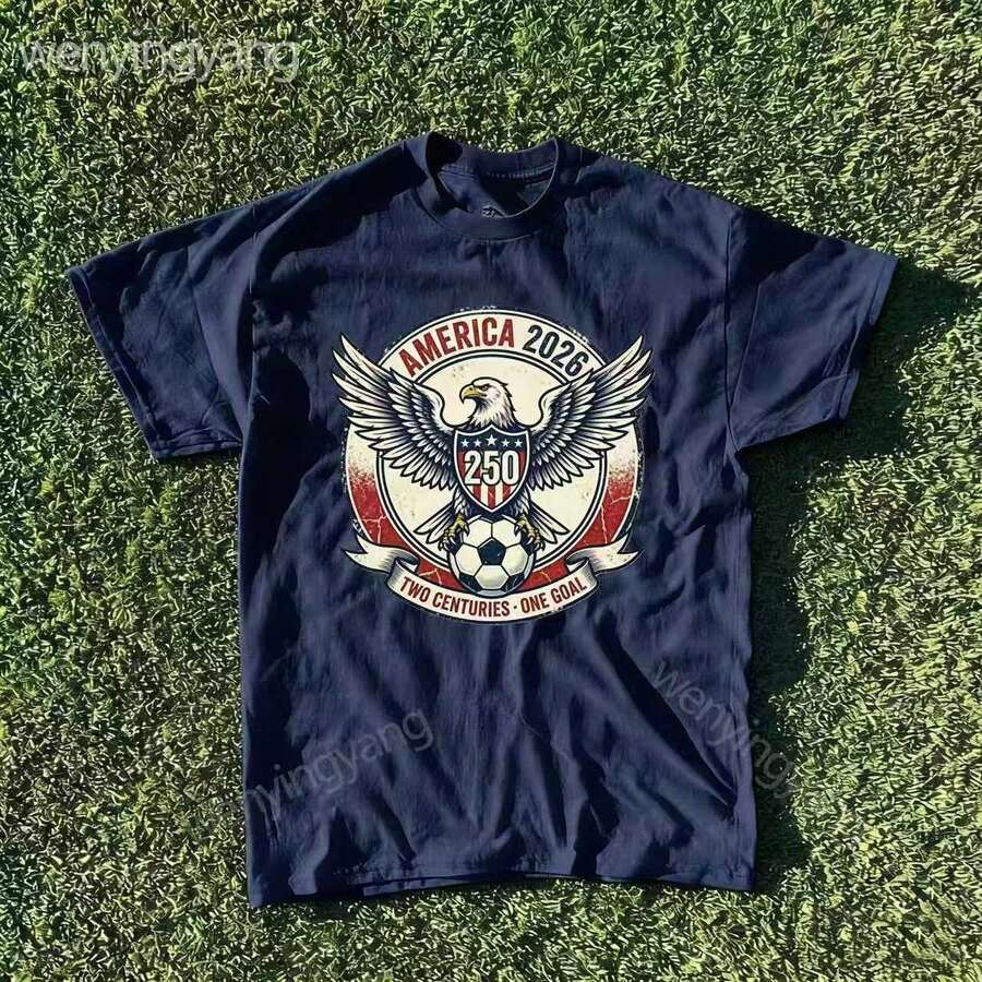 America 250th Anniversary Bald Eagle Soccer Team Print T-Shirt,USA World Cup 2026 Theme T-Shirt "TWO CENTURIES・ONE GOAL",For Sports & Independence Day - 藏藍色3 - 查看 1