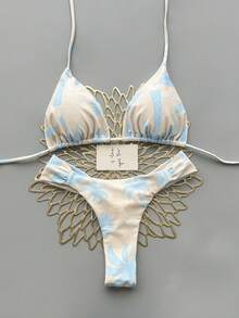 Bộ bikini 2 mảnh phong cách bohemian thanh lịch, gợi cảm, in hoa, buộc dây, thích hợp cho kỳ nghỉ biển mùa xuân/hè. - Màu xanh nhạt - Xem 3