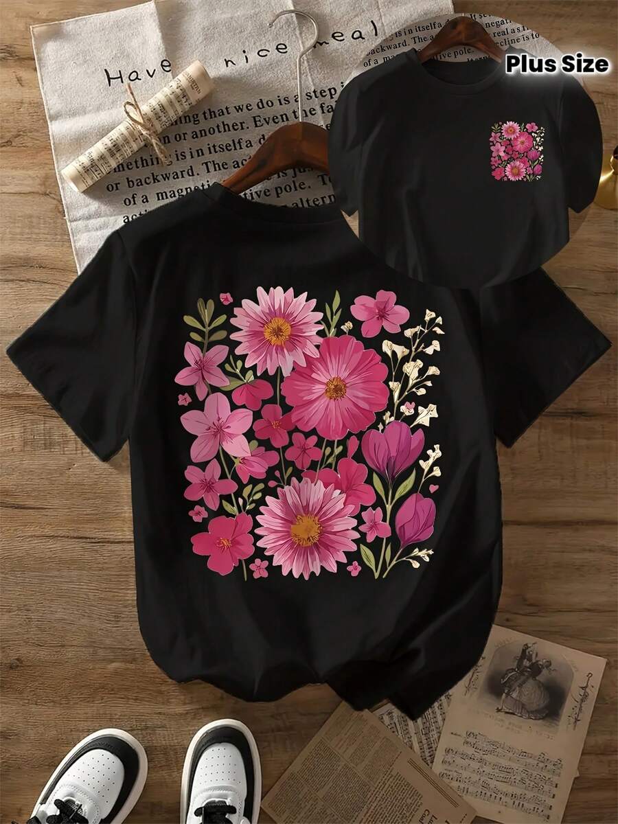 Plus Size - Plus Size - Women's Spring Summer Casual Short Sleeve Round Neck T-Shirt, Comfortable And Loose, With FLOWER Print - Ropa Mujer - Black - View 1