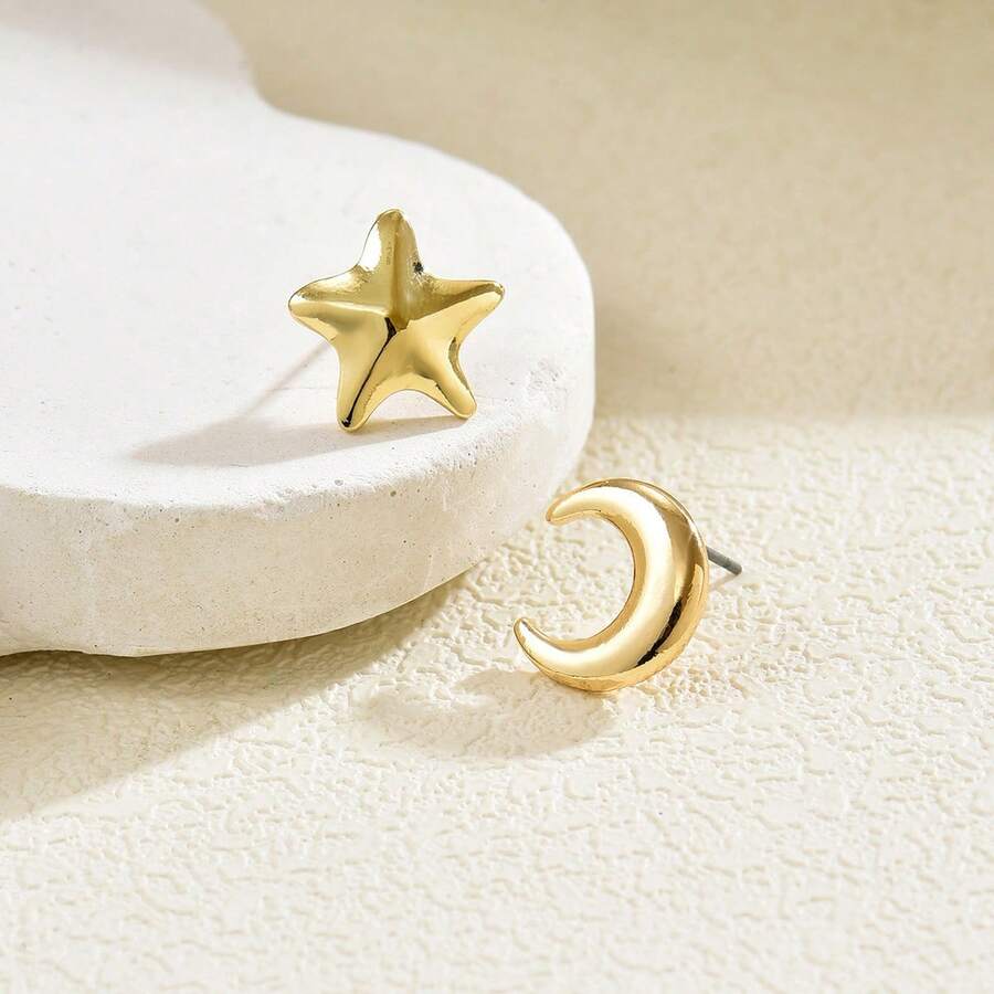 1 par de pendientes con forma de media luna y estrella, pendientes creativos adecuados para uso diario casual, para ir y venir, como regalo - Dorado - Ver 1