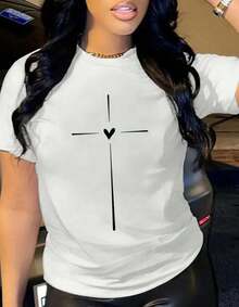 Camiseta clásica de mujer, casual, blanca, de manga corta, cuello redondo, con estampado gráfico de corazón y cruz, de longitud regular, de algodón con ligera elasticidad, camiseta de verano. - Blanco - Ver 2