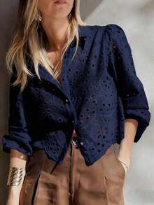 Camisa de mujer de un solo pecho bordada, para uso casual y diario, ideal para vacaciones de verano - azul real - Ver 6