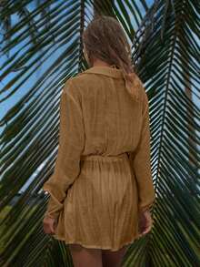 Conjunto de ropa de verano para mujer: blusa elegante y casual con mangas de globo, botones y lazo; vestido corto ligero y minimalista para la playa, de uso versátil - Marrón - Ver 2