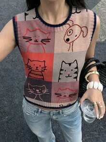 Nueva primavera/verano Chaleco sin mangas de cuello redondo para mujer, estampado de gato colorido de dibujos animados, chaleco con recorte de punto en bloques de color, adecuado para uso diario - Albaricoque - Ver 2