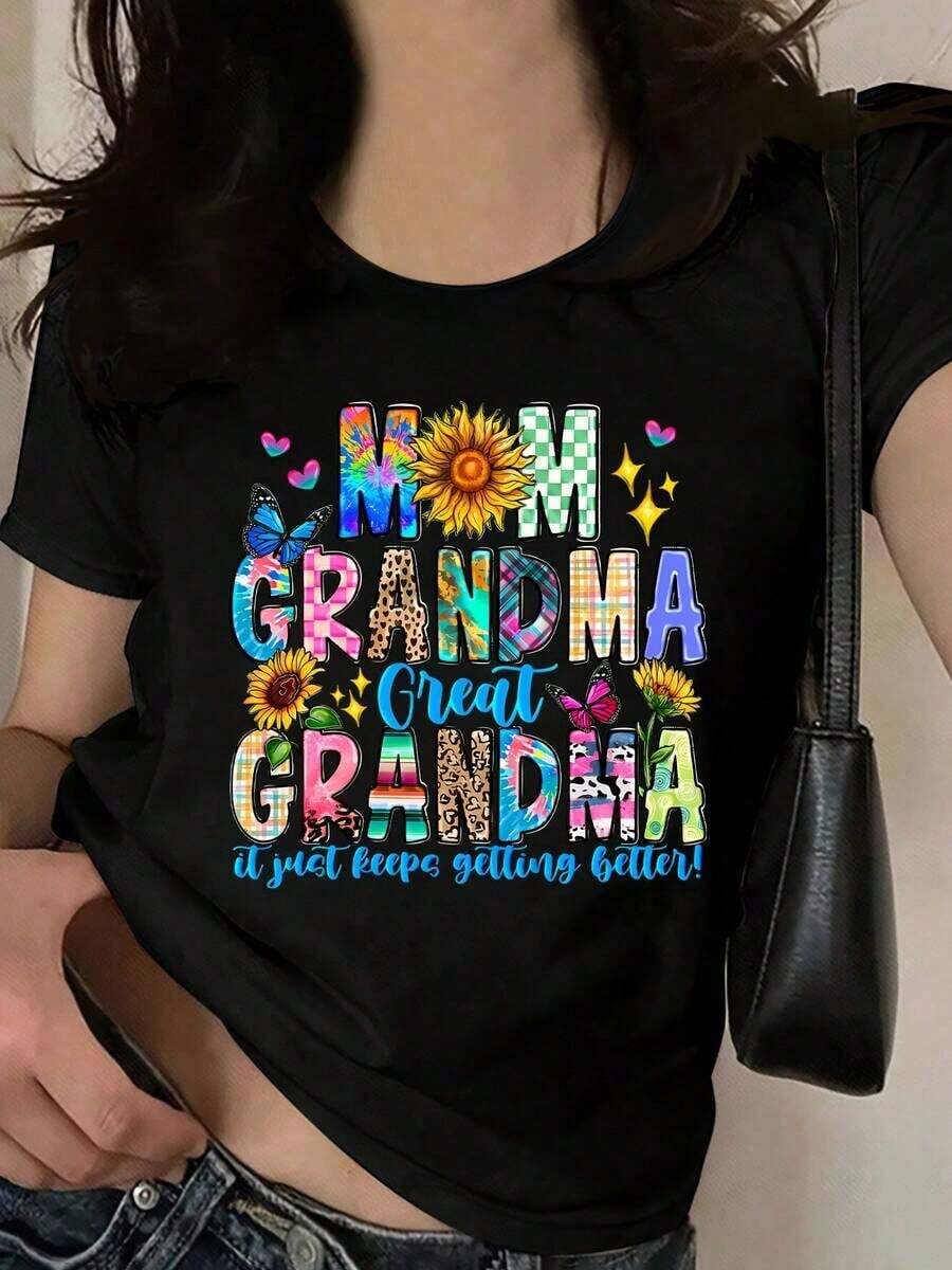 Soft 100% Cotton Women's T-Shirt, Polyester Blend, With A Round Neck And Colorful 'MOM GRANDMA GREAT GRANDMA' Print, Sunflower And Butterfly For Summer, Casual Knit Top With Medium Stretch - Alphabet Pattern. Breathable Cotton T-Shirt, Goes With Everything. - 黑色 - 查看 1