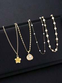 4pcs Vintage Bohemian Style Metal & Faux Pearl Flower Pendant Tassel Necklace Set, Y-Shaped Chain, Suitable Daily Wear And Beach Vacation, Women Jewelry - 銀色 - 查看 6