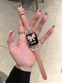 1件女款/男款玫瑰金鑲嵌人造鋯石金屬蝴蝶結與粉色皮革錶帶，兼容 38/40/41/42/44/45/46/49mm，兼容 Series 11/10/9/8/7/6/5/4/3/2/1/Ultra/SE，適用腕圍 5.5 至 8 英寸，透氣材質，全天舒適，時尚高端智能手錶配件 - 粉色 - 查看 8