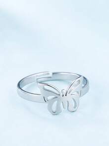 LIKGREAT 1pc Stainless Steel Butterfly Pattern Adjustable Open Ring, Minimalist Fashion Personalized Couple Rings, Mother's Day Jewelry Gift - Butterfly Series - View 9