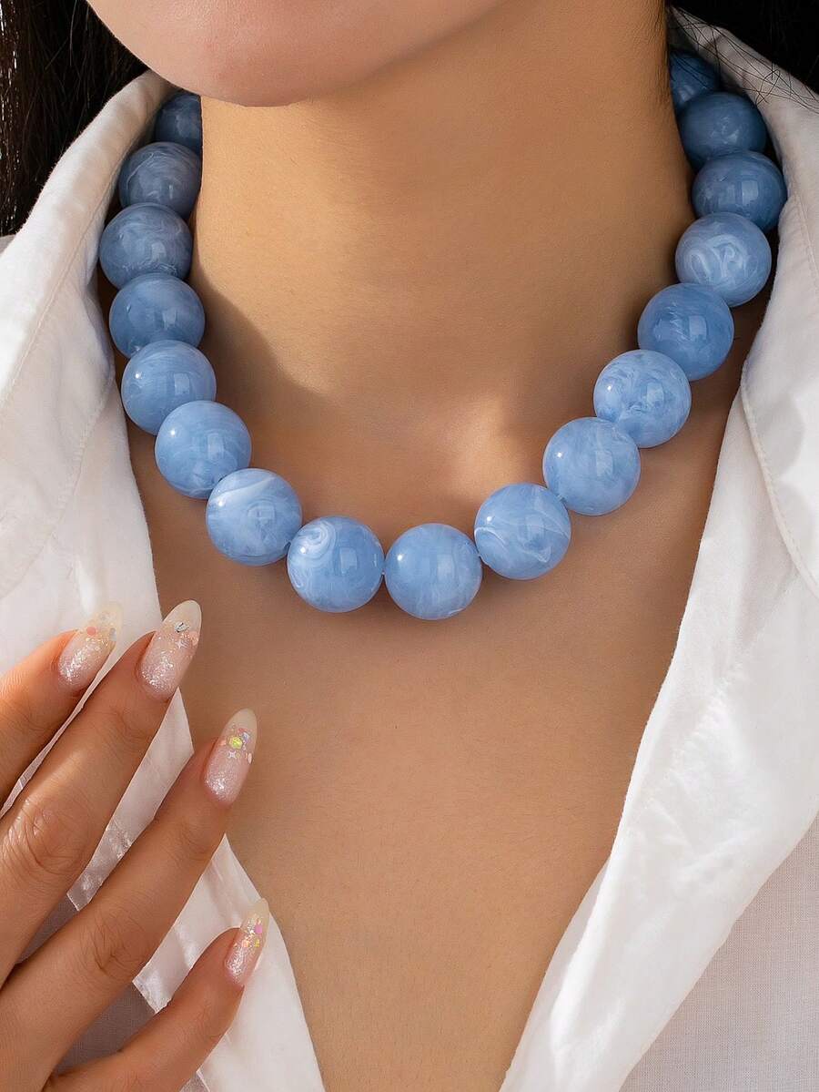 1件蓝色夸张醒目串珠项链,女士款,闪亮树脂珠,适合日常佩戴,大理石纹珠子夸张造型项链,时尚夏季饰品 - 串珠項鍊 - 查看 1