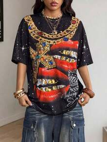 Women's Comfortable White Oversized T-Shirt, Y2K Style, Lip Print, Casual Style, Tropical Vacation, 2026 Fashion, Cute Style, Casual Style. 180g (Sizes S-XXXL) - 黑色 3 - 查看 5