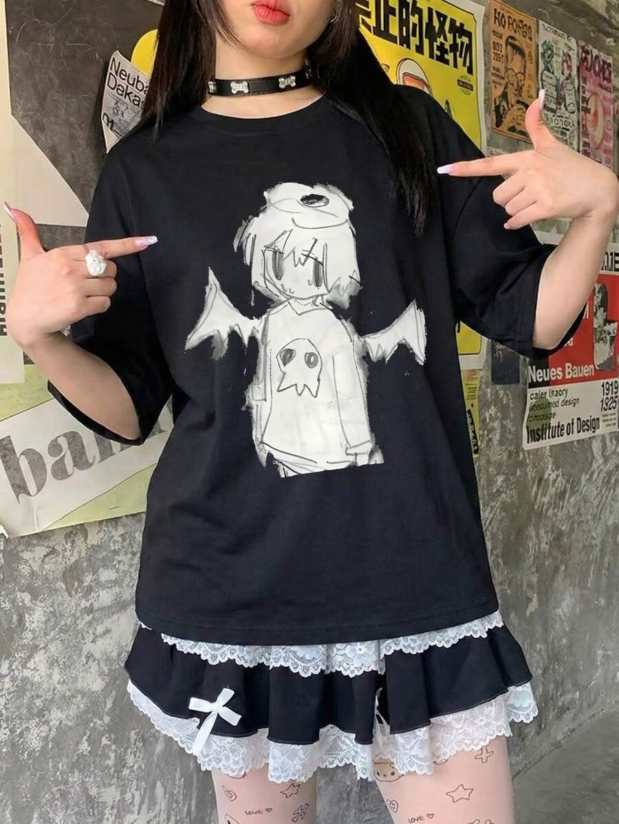 1件女士休闲宽松圆领短袖T恤 - 黑色 - 查看 1