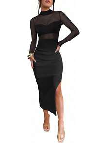 2026 Fashion New Arrivals Womens Mesh Dress Long Sleeve Mock Neck Bodycon Sheer Going Out Cocktail Night Club Midi Dresses 3 Piece OutfitsCuff Skirt / Sparkly /! - 深粉紅色 - 查看 1