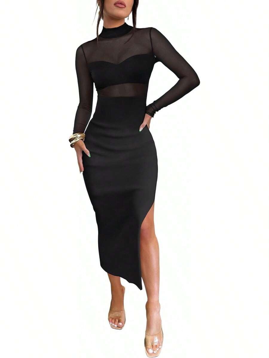 2026 Fashion New Arrivals Womens Mesh Dress Long Sleeve Mock Neck Bodycon Sheer Going Out Cocktail Night Club Midi Dresses 3 Piece OutfitsCuff Skirt / Sparkly /! - 深粉紅色 - 查看 1