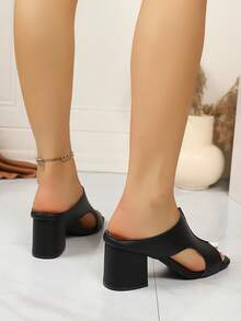 Sandal Wanita, Sandal Selop Hak Tebal Modis untuk Aktivitas Luar Ruangan, Sandal Hak Tinggi Ujung Persegi, Sandal Selop Hak Tinggi Warna Polos, Sepatu Musim Panas - Hitam - View 6