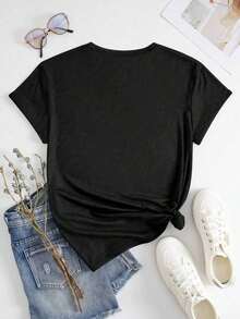 1 Piece Of Women's Casual Short-Sleeved Crew Neck T-Shirt With Creative Prints Of Motivational Phrases, Letters, And Hearts. 180g 100% Cotton, Designs Are Fully Printed. Unisex. - 黑色 - 查看 2