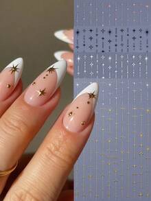 5张3D星形美甲贴纸，多色流星爆裂线条图案，金属光泽闪亮星空自粘美甲贴纸，DIY美甲装饰，女士美甲用品 - 彩色 - 查看 2