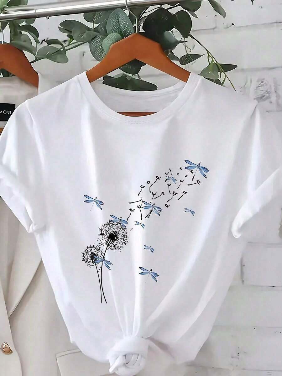 Plus Size, Fashionable Plus Size Printed Shirt, Round Neck, Short Sleeves With Floral Patterns, Women's Clothing - White - View 1